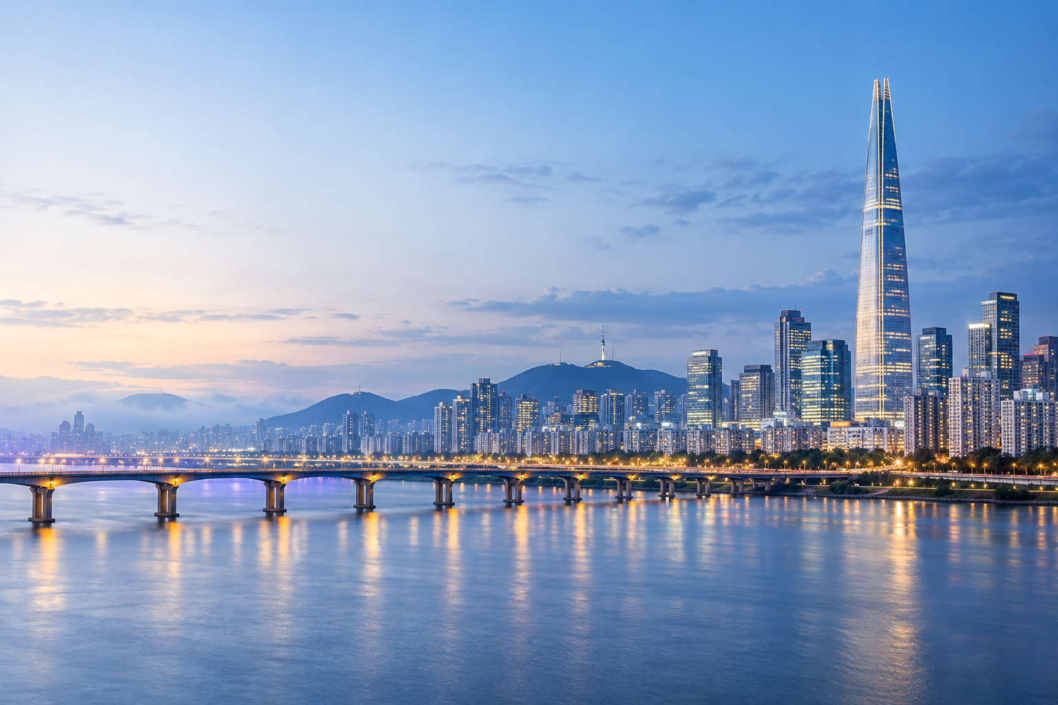 Conceptual Korean skyline and illuminated bridge